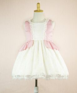 Vestido de Festa em Tecido Rosa e Bege com Folho na Cintura e Pormenores Rendados