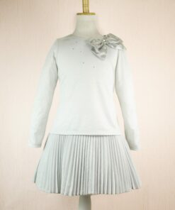 Vestido de Festa Prata Brilhante com Pregas e Laço
