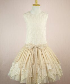 Vestido de Festa Cintura Baixa em Tule Florido Bege com Faixa e Laçada para a Frente ou para Trás