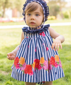 Tema Flor Vestido Fluído às Riscas Marinho com Touca e Tapa Fraldas