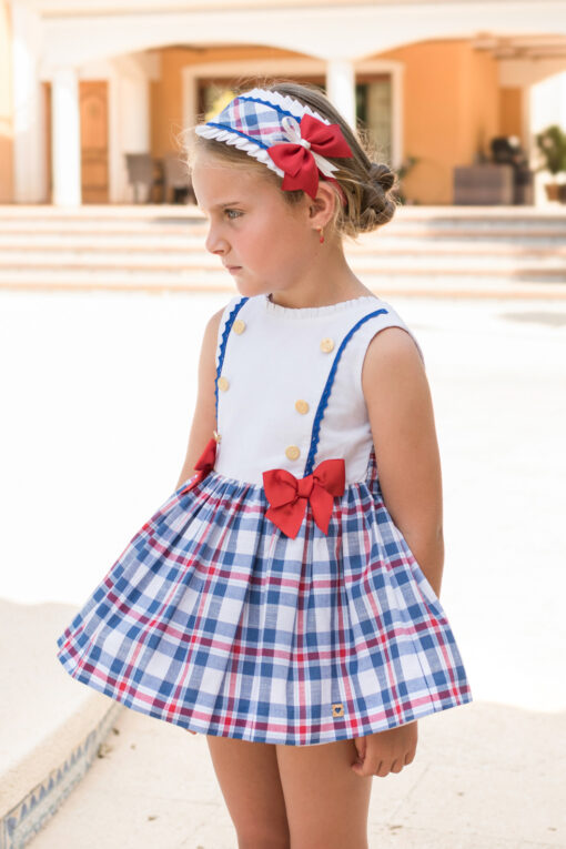Tema Azulejo Vestido Xadrez Azul e Vermelho com Botões Dourados