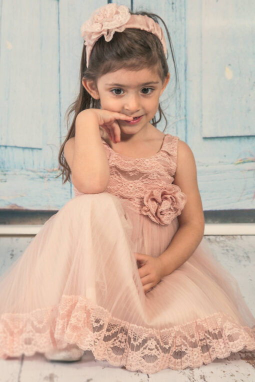 Vestido de Festa Rosa Velho em Tule com Renda e Flor