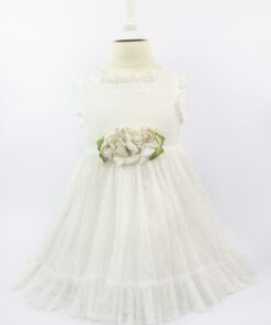 Vestido de Festa em Tule Branco ás Pintinhas com Flores e Laçada para Trás