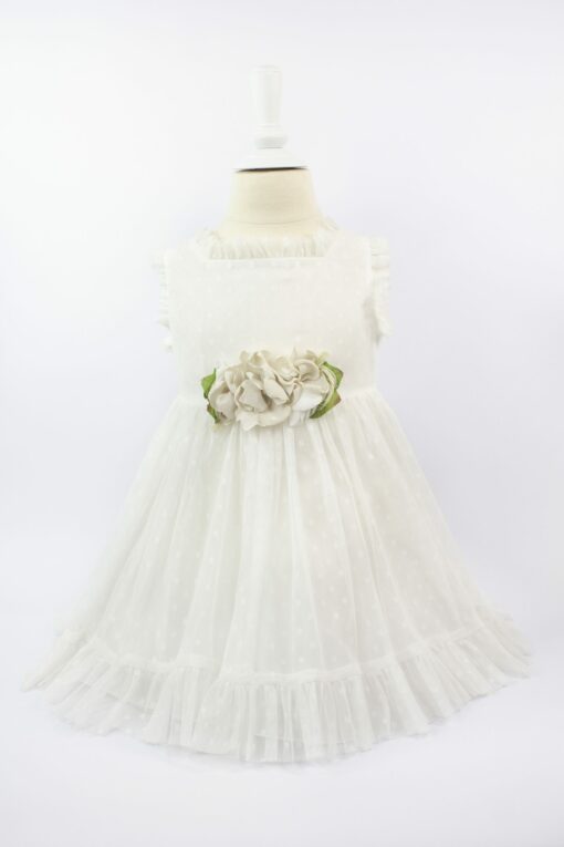Vestido de Festa em Tule Branco ás Pintinhas com Flores e Laçada para Trás