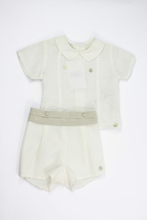 Conjunto de Festa Blusa Branca de Linho e Calção Bege com Fixa Camel