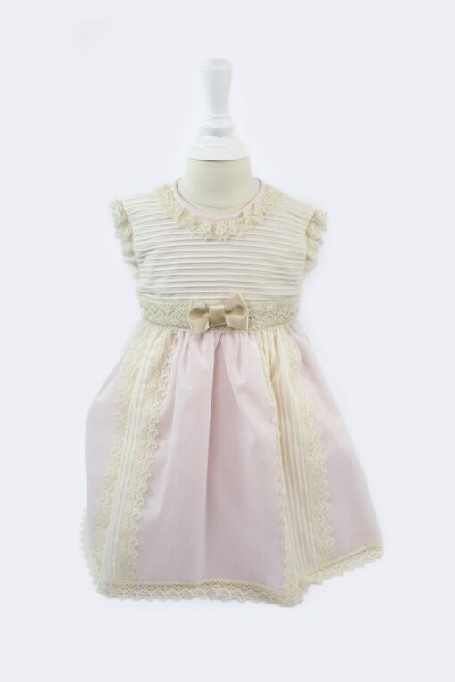 Vestido de Festa Rosa e Bege com Detalhes em Renda, Laço e Laçada para Trás