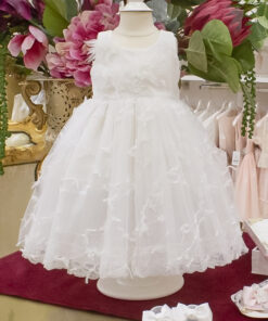 Vestido de Festa Branco com Tule e Detalhes Floridos