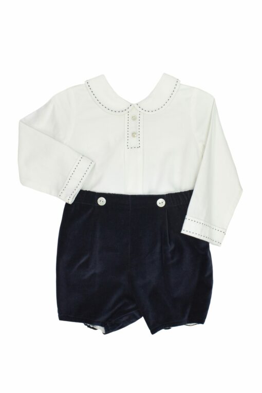 Conjunto de Festa Paz Rodriguez Blusa Branca e Calção Azul Marinho em Veludo