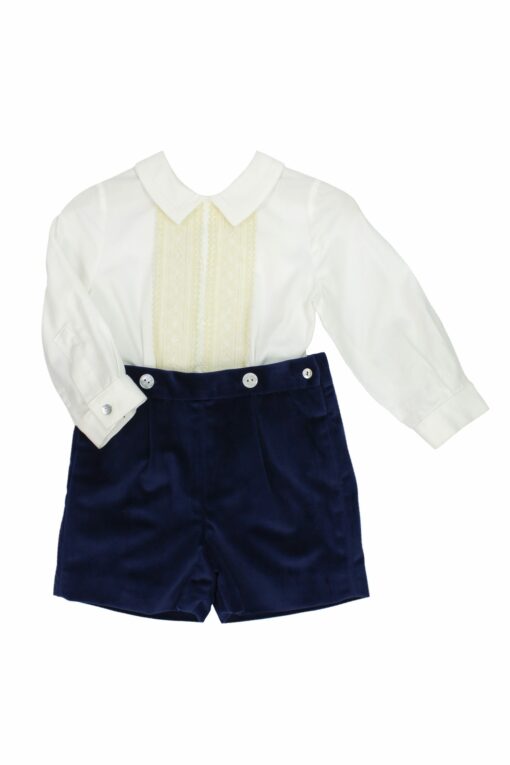 Conjunto de Festa Blusa Branca com Feitio em Bege e Calção Azul Marinho em Veludo