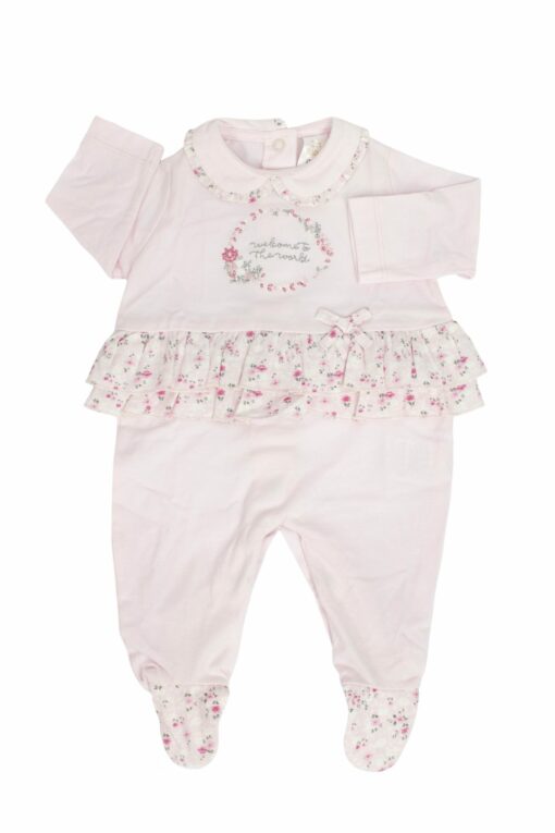 Babygrow Algodão Rosa com Folhos Floridos
