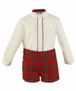 Miranda Tema Xadrez Vermelho Conjunto de Camisa Bege com Pormenor e Calção