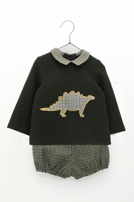 Foque Conjunto de Camisola Verde Tropa com Dinossauro e Calção Xadrez - Image 2