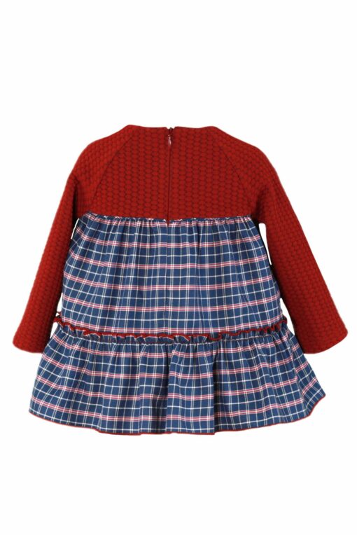 Miranda Tema Bordeaux Vestido Combinado em Malha e Tecido Xadrez Azul - Image 2