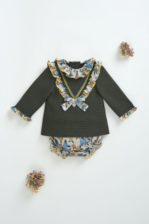 Foque Conjunto de Camisola Verde com Folhos e Tapa Fraldas Florido