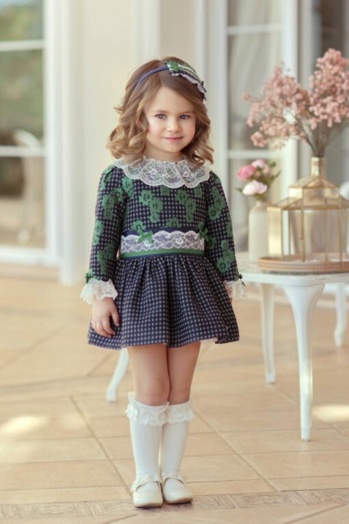 Miranda Tema Marinho e Verde Vestido com Gola e Detalhes em Renda
