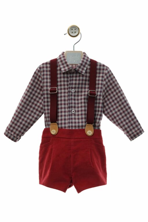 Yoedu Tema Winter Conjunto de Camisa Xadrez, Calção e Suspensórios Bordeaux - Image 2