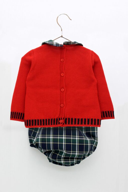 Foque Conjunto de Camisola Vermelha com Gola e Tapa Fraldas Xadrez Verde - Image 4