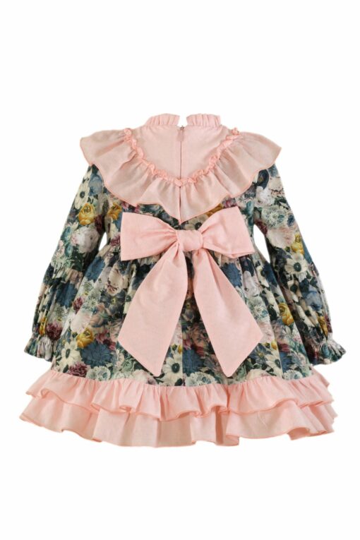 Miranda Vestido Florido Verde e Salmão com Folhos no Peito e Laçada Atrás - Image 2