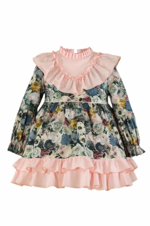 Miranda Vestido Florido Verde e Salmão com Folhos no Peito e Laçada Atrás