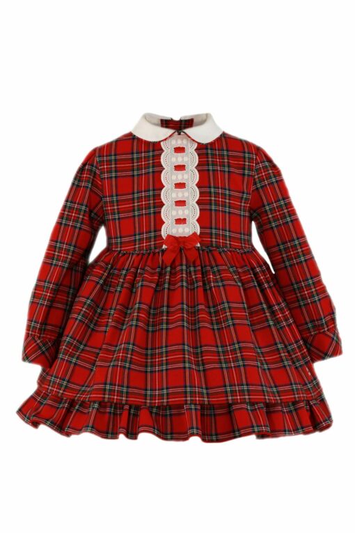Miranda Vestido Xadrez Vermelho com Gola e Detalhes no Peito