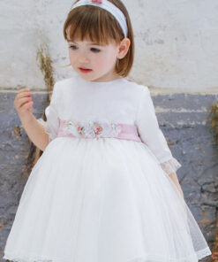 Amaya Vestido Modelo 592000 Pérola com Faixa Rosa