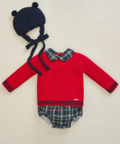 Foque Conjunto de Camisola Vermelha com Gola e Tapa Fraldas Xadrez Verde