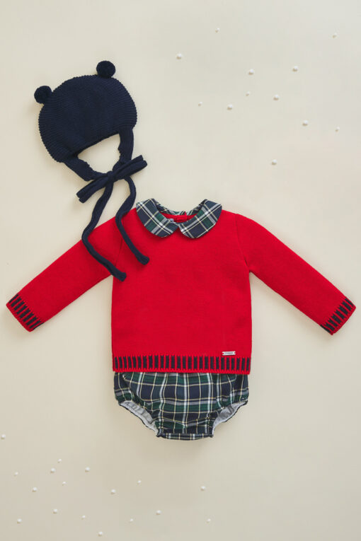 Foque Conjunto de Camisola Vermelha com Gola e Tapa Fraldas Xadrez Verde