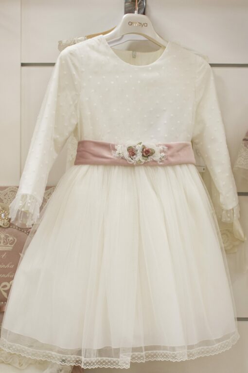 Amaya Vestido Modelo 592000 Pérola com Faixa Rosa - Image 2