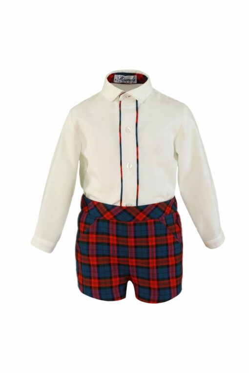 Miranda Conjunto Camisa e Calção de Xadrez Vermelho Vivo e Azul Petróleo
