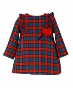 Miranda Vestido Xadrez Vermelho Vivo e Azul Petróleo com Pompons de Pêlo