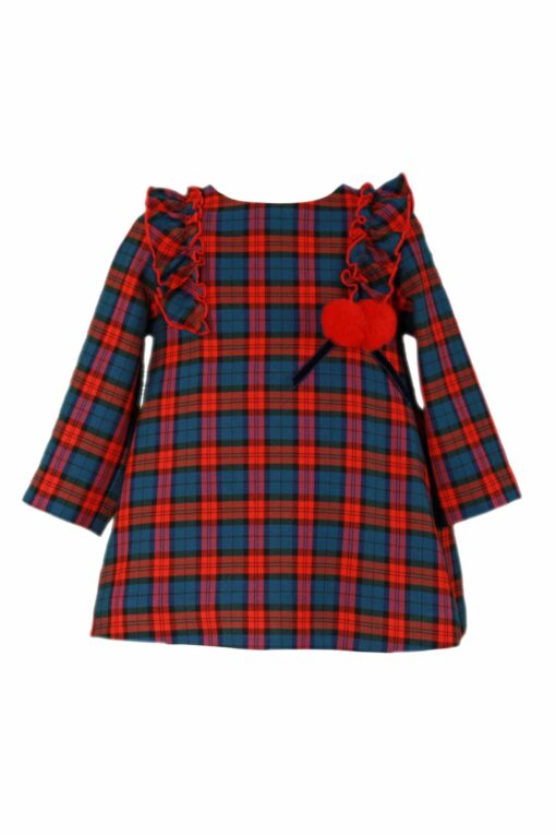 Miranda Vestido Xadrez Vermelho Vivo e Azul Petróleo com Pompons de Pêlo