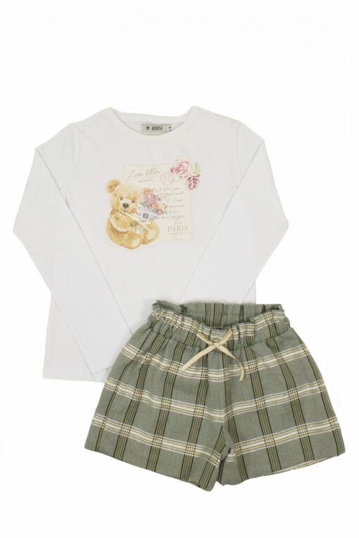 Alhuka Conjunto de Calção Xadrez Verde Escuro e Camisola Estampada