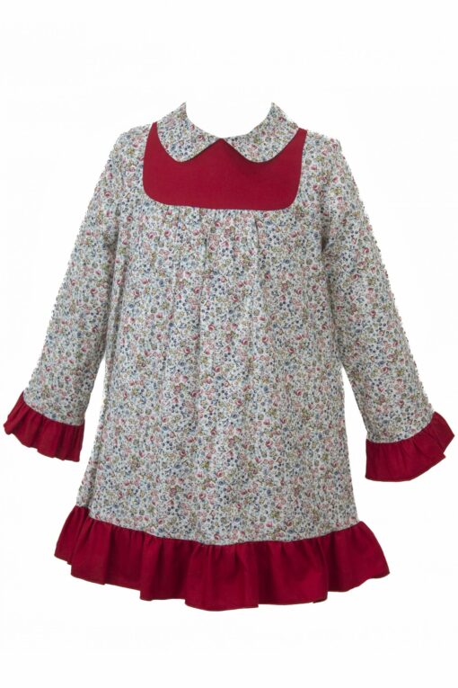 Vestido em Tecido Florido com Folho Vermelho