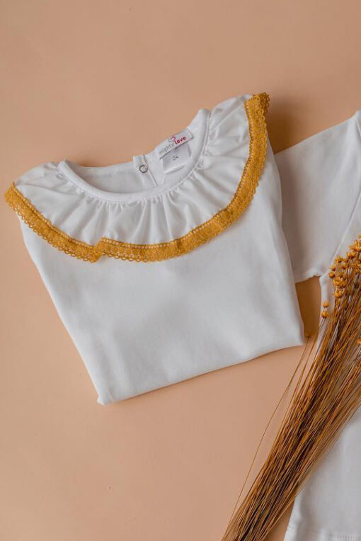 Camisola de Algodão com Gola de Renda Picotada Amarelo Torrado