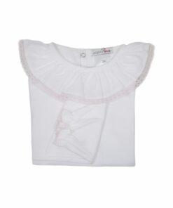 Camisola de Algodão com Gola de Renda Rosa em Manga Curta