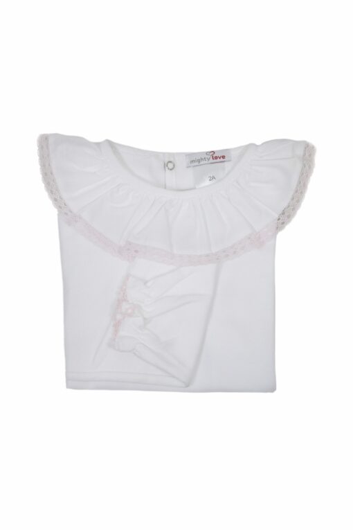 Camisola de Algodão com Gola de Renda Rosa em Manga Curta