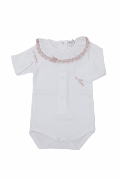Body de Algodão com Gola de Renda Florida Rosa Seco