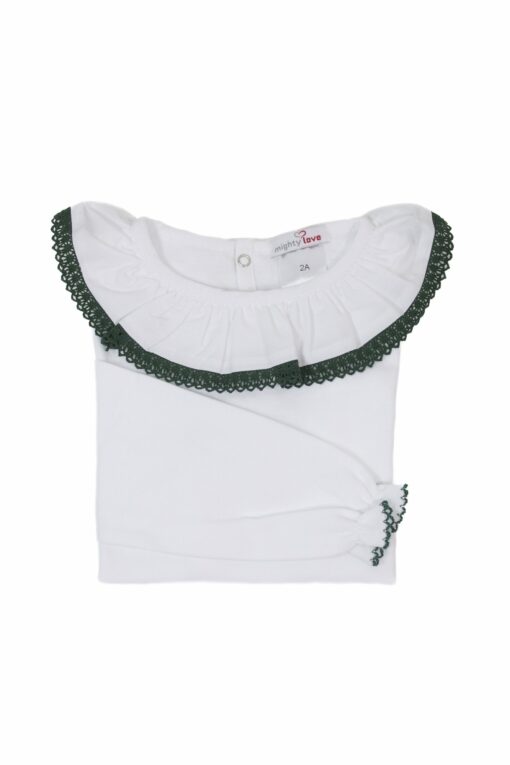 Camisola de Algodão com Gola de Renda Picotada Verde Escuro