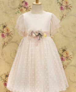 Vestido de Festa em Tule Salmão ás Pintinhas com Faixa e Aplique de Flores