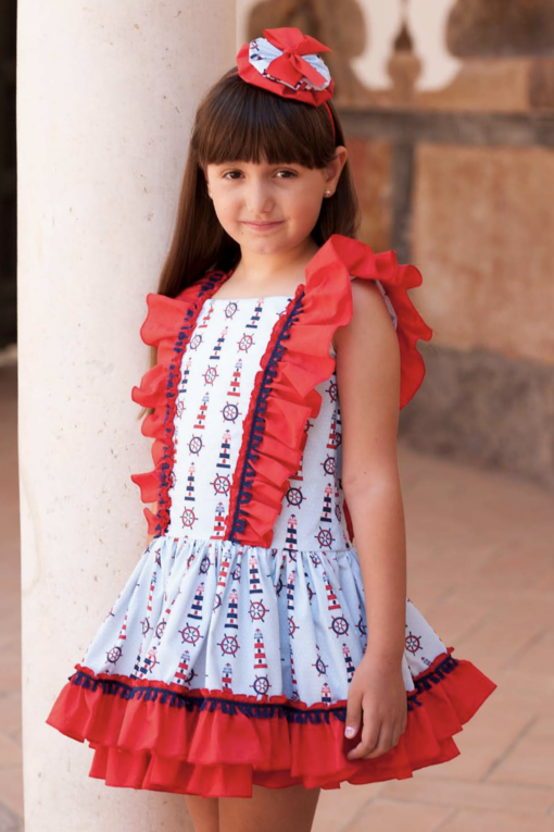 Tema Farol Vestido de Cinta Descida Estampado Azul e Vermelho