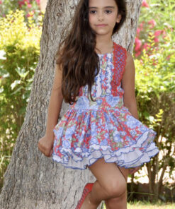 La Amapola Tema Nayet Vestido Florido Vermelho e Azul com Detalhes em Renda  e Cintura Descida