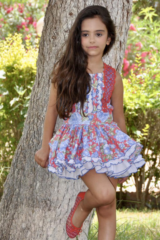 La Amapola Tema Nayet Vestido Florido Vermelho e Azul com Detalhes em Renda  e Cintura Descida