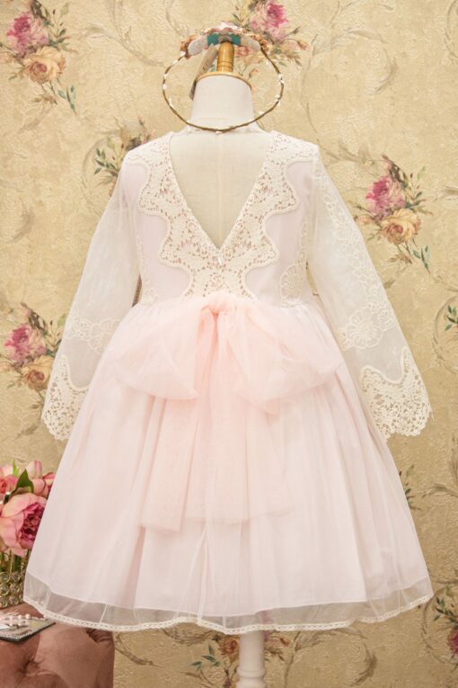 Vestido de Festa Rosa com Tule e Detalhes em Renda e Manga 3/4 - Image 2