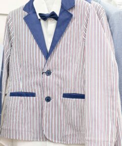 Conjunto de Blazer Azul ás Riscas, Camisa, Laço e Calças Azuis