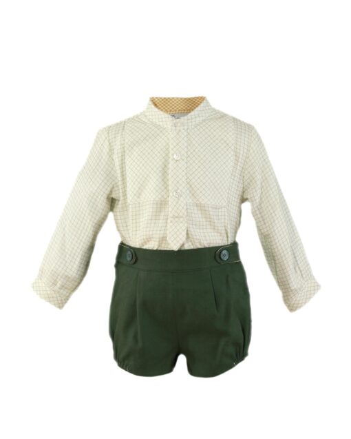 Miranda Tema Verde Florido | Conjunto de Calção verde e Camisa Bege ao Xadrez