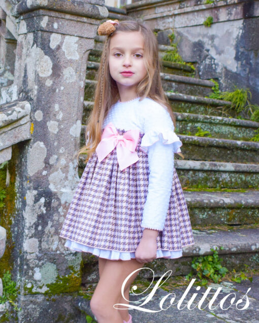 Lolittos Tema Peluche | Vestido com Padrão Pata de Galo Rosa e Castanho