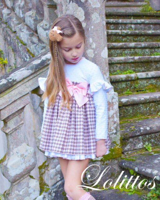 Lolittos Tema Peluche | Vestido com Padrão Pata de Galo Rosa e Castanho - Image 2