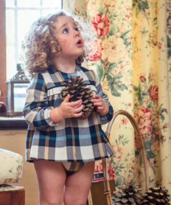 Yoedu Tema Minnie | Vestido Axadrezado Azul Marinho e Bege com Tapa Fraldas