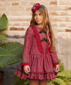 Debesos Tema Xadrez Vermelho e Verde | Vestido de Cintura Descida com Laços à Frente