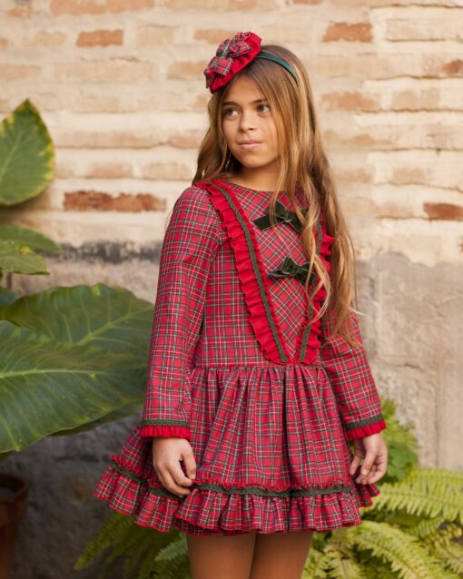 Debesos Tema Xadrez Vermelho e Verde | Vestido de Cintura Descida com Laços à Frente